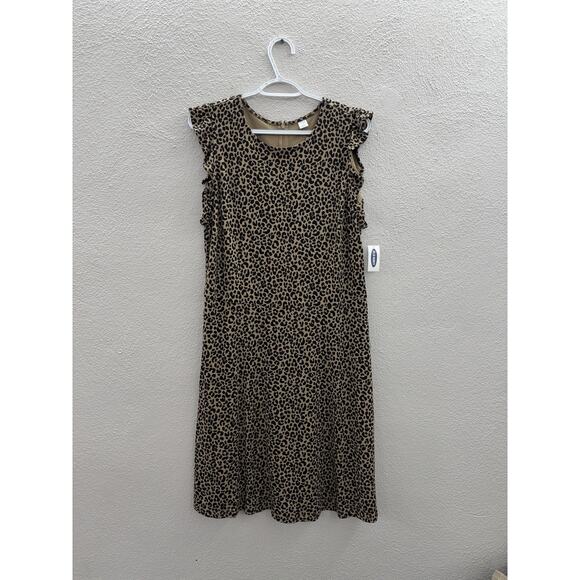 Old Navy Womens Dress Size Large Brown Animal Print Cap Ruffle Sleeve NWT - Picture 1 of 10